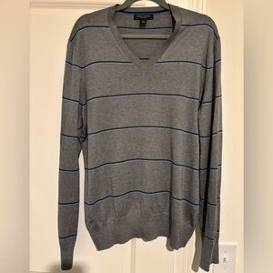 Banana Republic Gray w/ Thin Blue Stripes Luxury Blend V-Neck Cashmere Sweater L